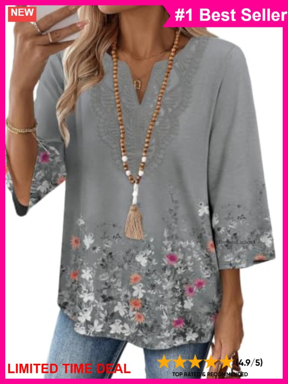 Womens Boho V Neck Lace Blouse 3/4 Sleeve Floral Casual Work Top